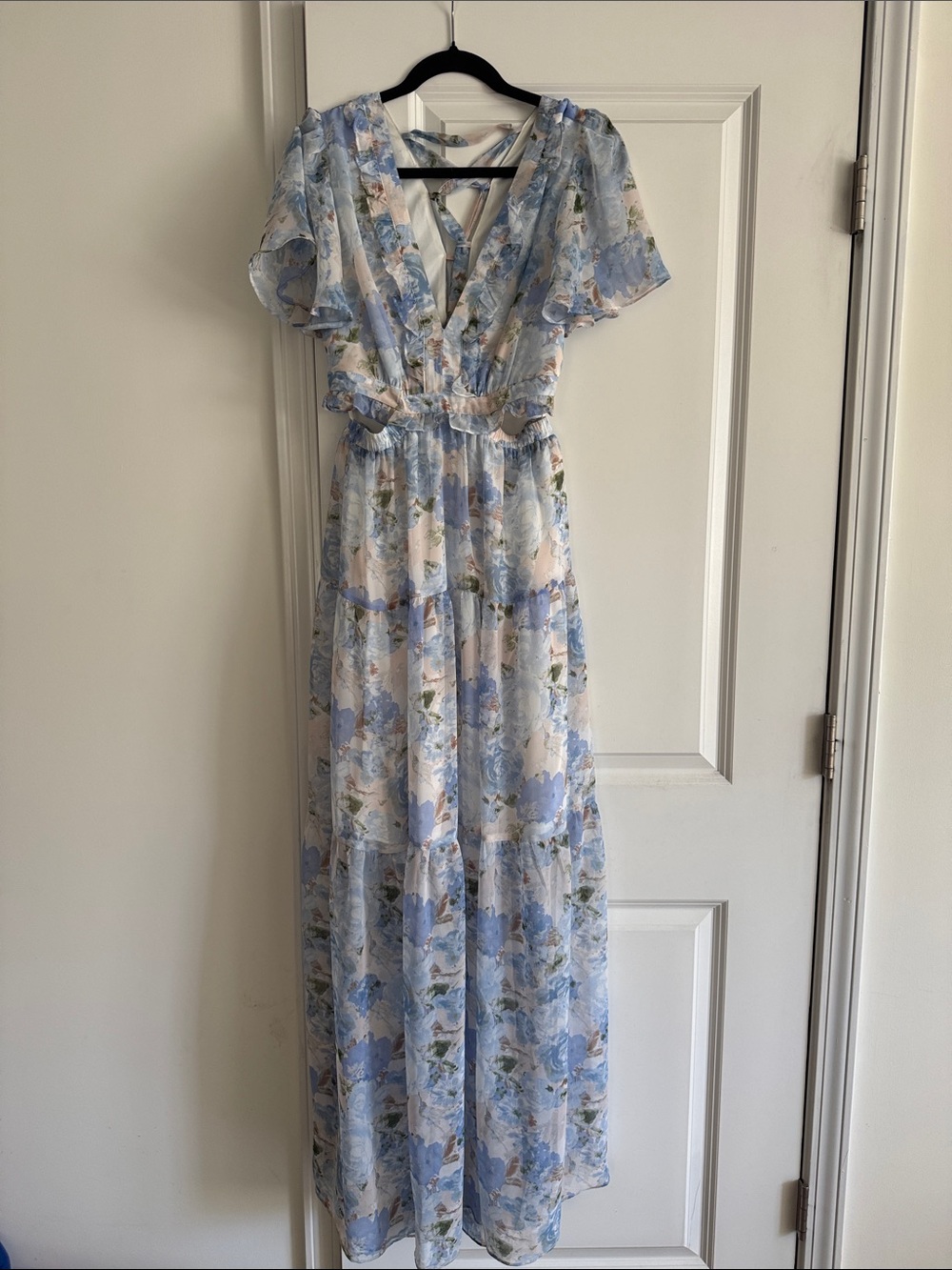 Aakaa Light Blue Floral Maxi Dress with Ruffle Sleeves
